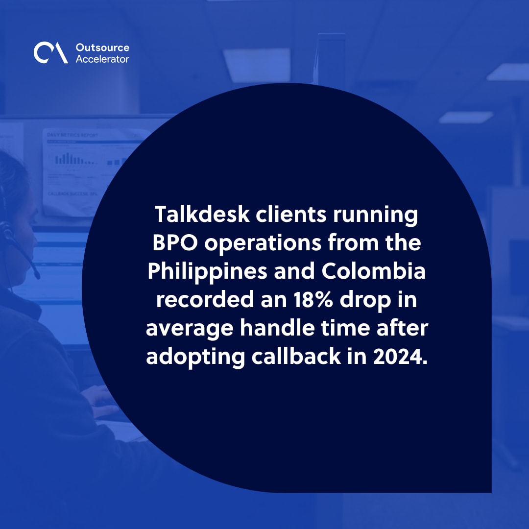 Callback - Philippine call center agent at a workstation with headset dialing a queued customer back while a call-queue metrics report sits on the desk