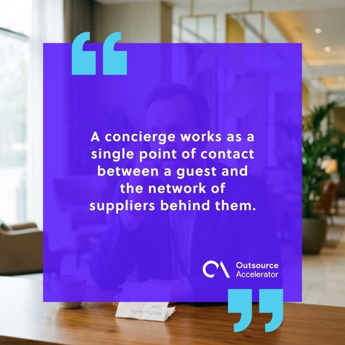 Hotel concierge on the phone at their desk as a single point of contact for a guest with a supplier network note visible
