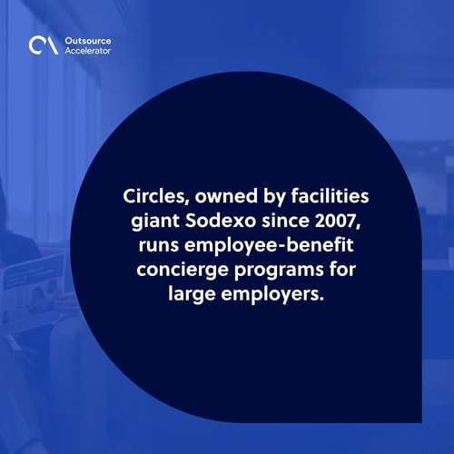 Circles Sodexo employee-benefit concierge at the far left of a corporate employee-benefits lounge holding a concierge programme guide