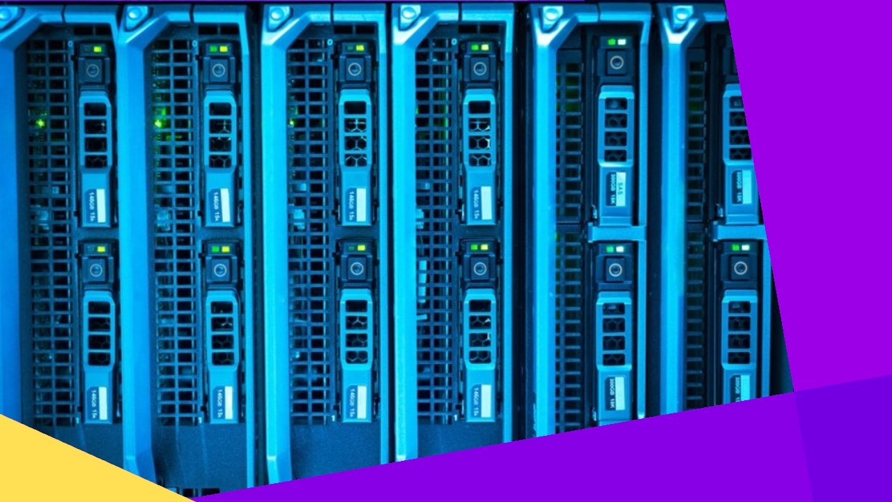 Server racks with glowing lights, illustrating cloud computing's productivity boost and cost reduction for businesses.