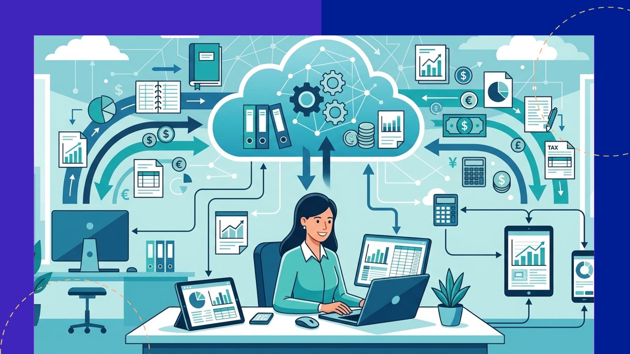 Accountant working in cloud-powered accounting software with financial data synced across devices