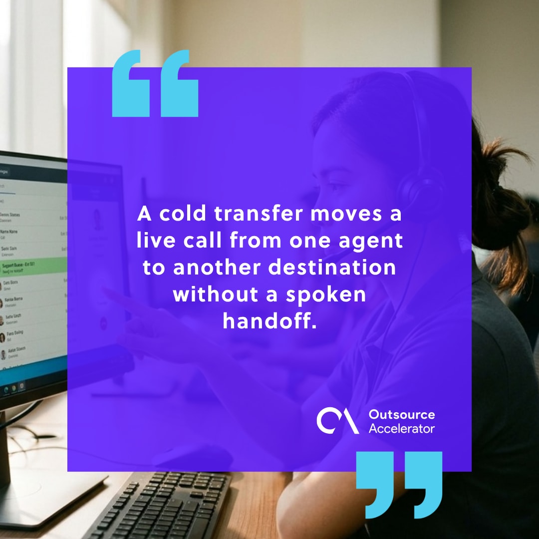 Cold Transfer - contact center agent pressing a transfer key on a softphone as a live call routes to another destination queue.