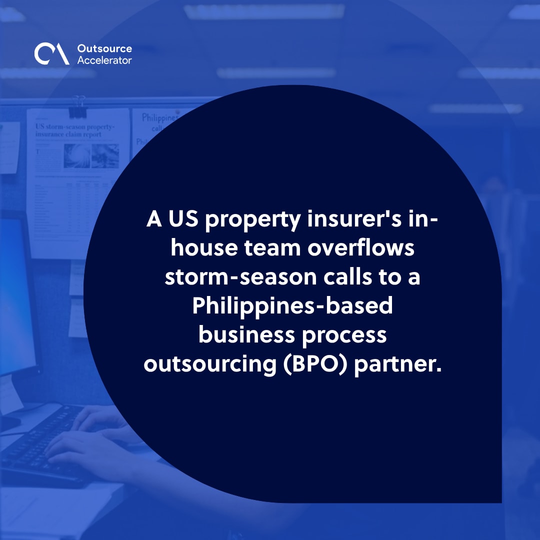 Cold Transfer - Manila BPO agent taking overflow storm-season calls from a US property insurer, printed claim report and routing chart pinned nearby.