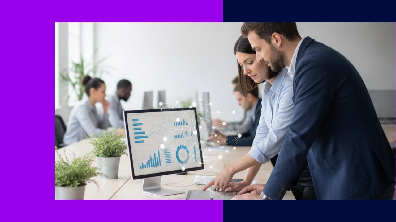 Colleagues analyze growth data on a monitor; competitor analysis drives business growth.