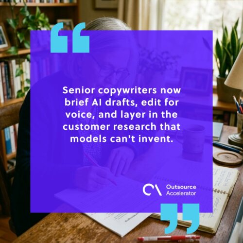 Copywriter - a senior copywriter red-penning an AI-generated draft next to a customer research notebook