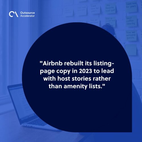 Copywriter - Airbnb UX writer reviewing rewritten listing page with host stories replacing amenity lists