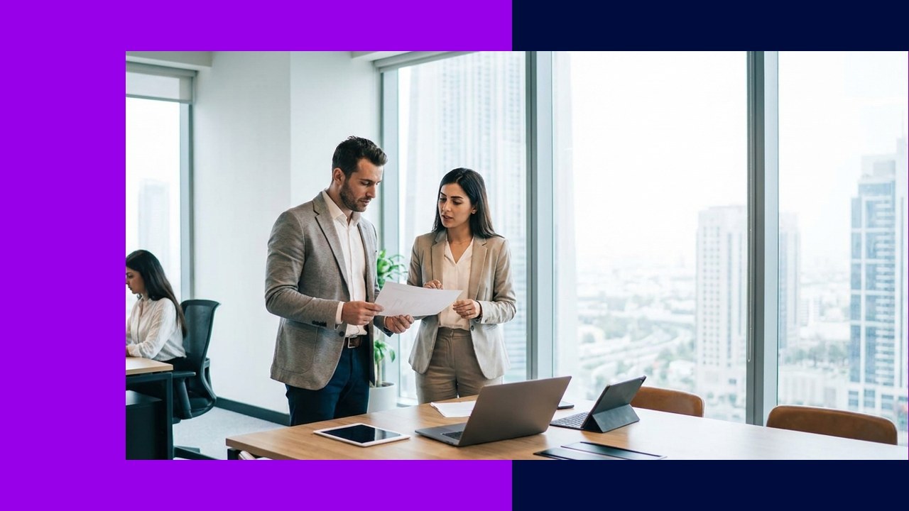 Business professionals discuss documents in an office with a city view; understand UAE corporate tax.