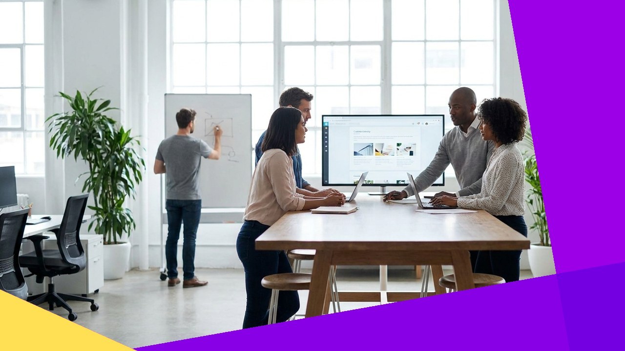 Diverse team brainstorms cost-effective efficiency solutions using whiteboards and laptops.