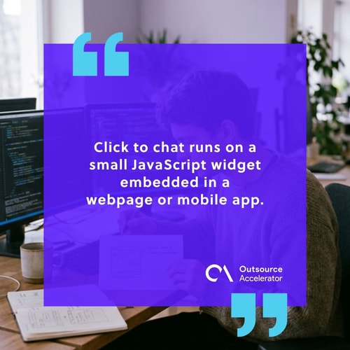 Front-end web developer at a dual-monitor desk sketching a click-to-chat widget wireframe next to a JavaScript embed snippet