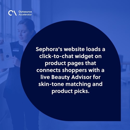Sephora Beauty Advisor at the far left of a Sephora e-commerce studio holding a product page mock-up with a click-to-chat widget for skin-tone matching