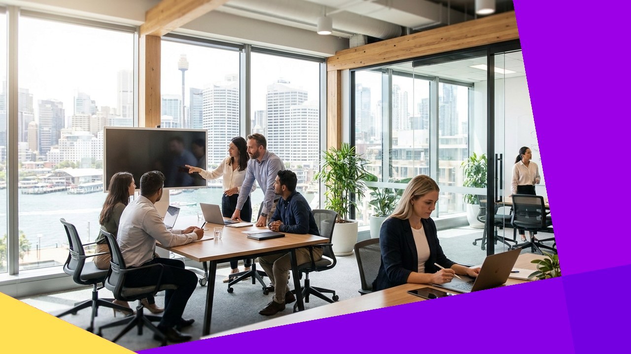 Team collaborating in modern office. Top custom software development companies Australia 2025.