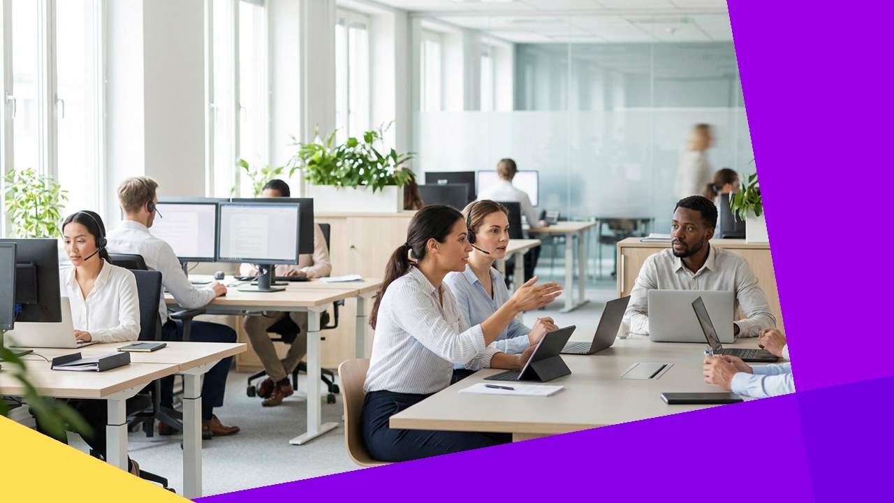 Customer service team collaborating on a case study in a modern office.