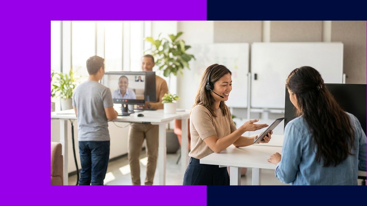 Diverse team collaborating, offering customer service tips.