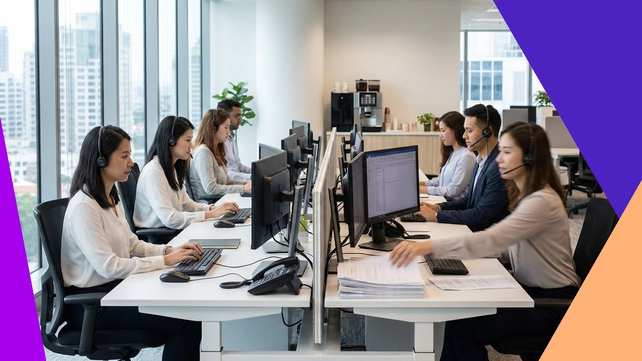 Data entry BPO projects: Diverse team at computers in a modern office, providing non-voice support.