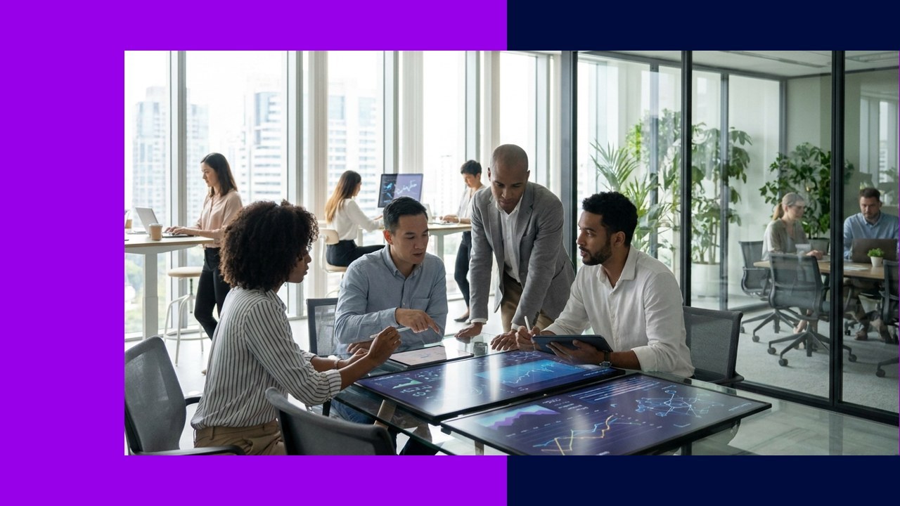 Diverse team analyzing data dashboards; growth catalysts from data mining & human intelligence.