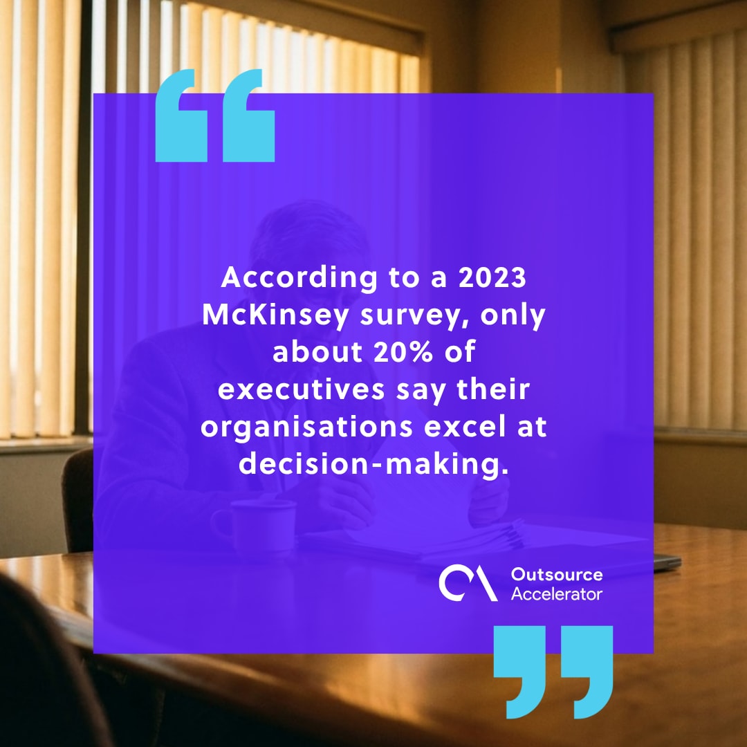 Decision-making - senior executive centered at a wooden boardroom table thumbing through printed survey pages with coffee cup and laptop nearby