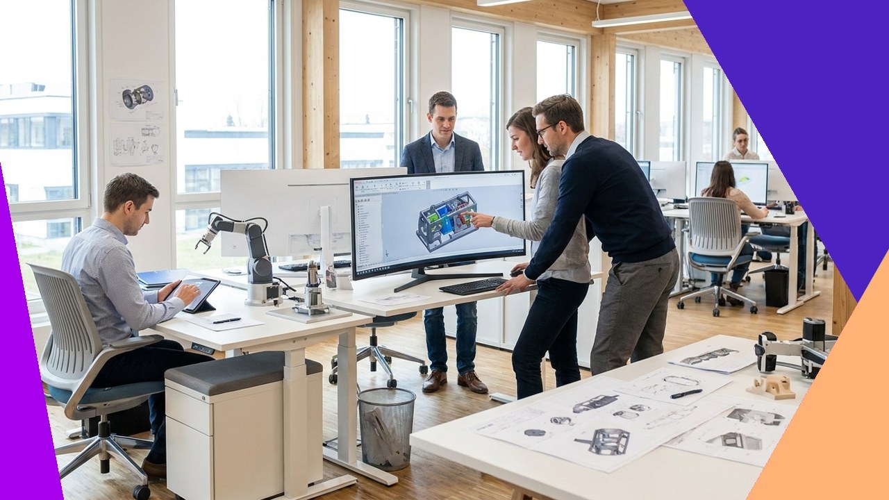 Engineers collaborate on CAD design and automation solutions in a modern office setting.