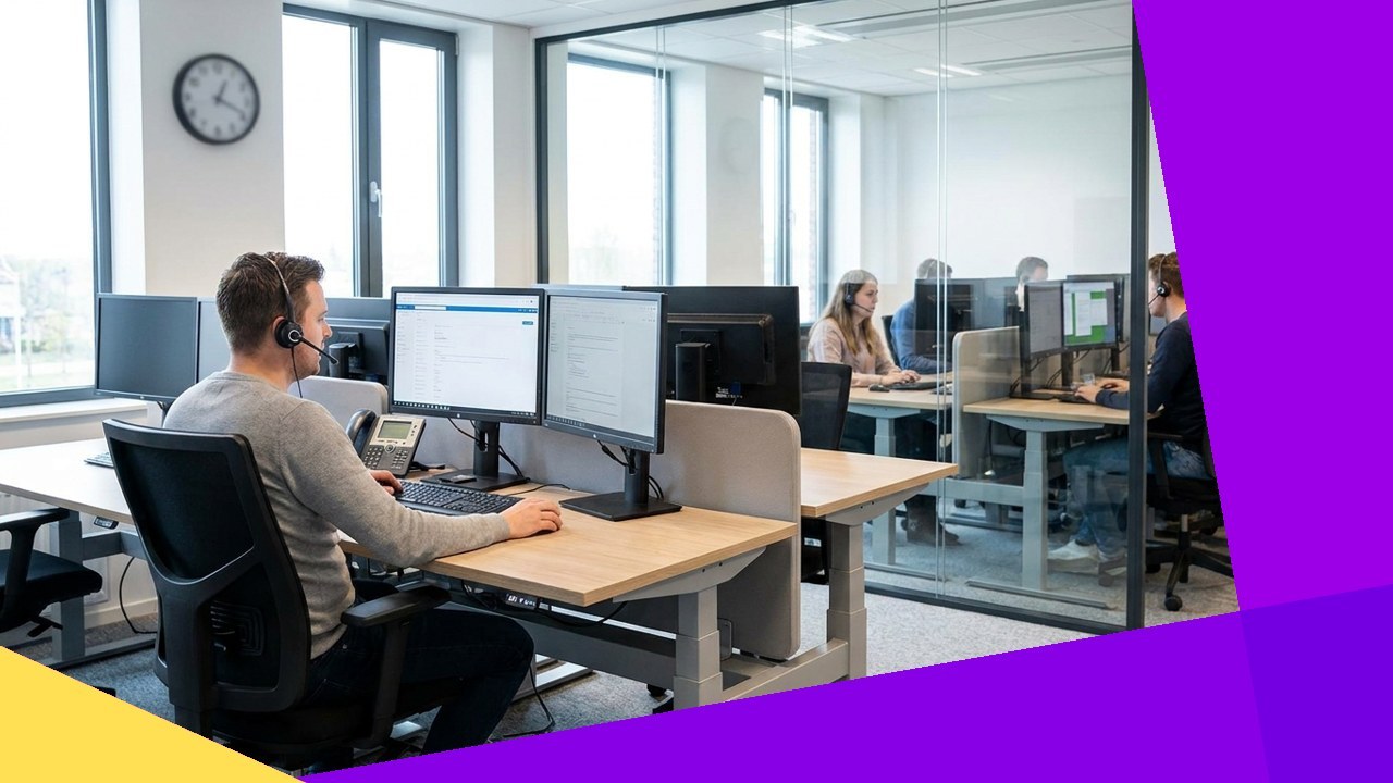 Call center agents working at desks, illustrating inbound vs outbound call center differences.