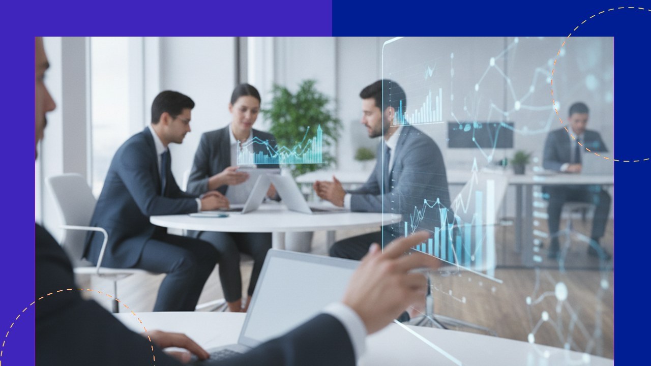 Business team discussing digital success strategies with holographic data visualizations.