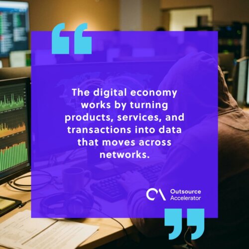 Digital economy — a network operations engineer monitoring cross-border data flows on a fibre-line diagram