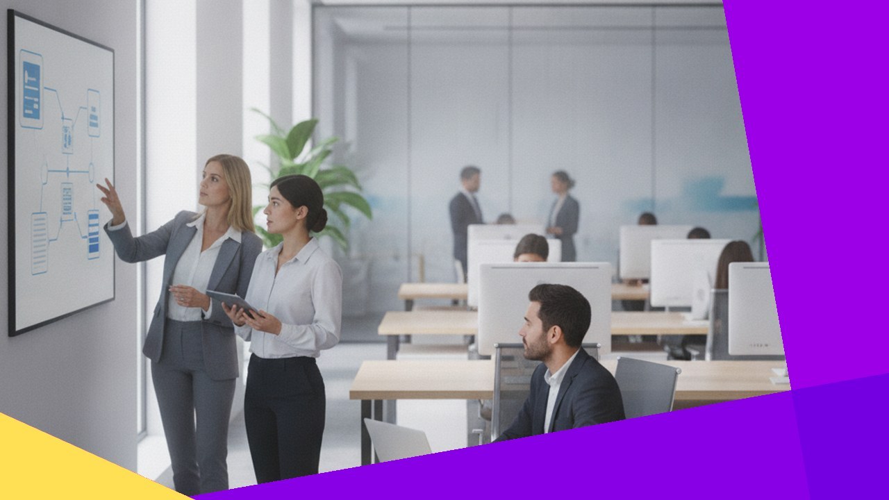 Business women review flowcharts on a whiteboard, showcasing a document management solution.