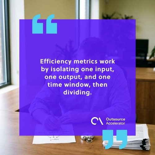Ops analyst at a dual-monitor desk isolating one input, one output, one time window in an efficiency metric calculation