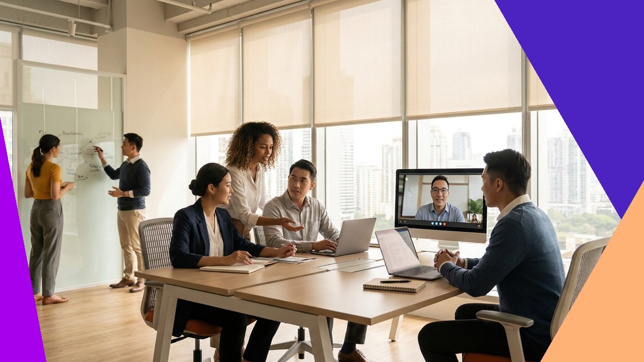 SMEs rethinking remote support: diverse team collaborating in hybrid office setting with video calls.