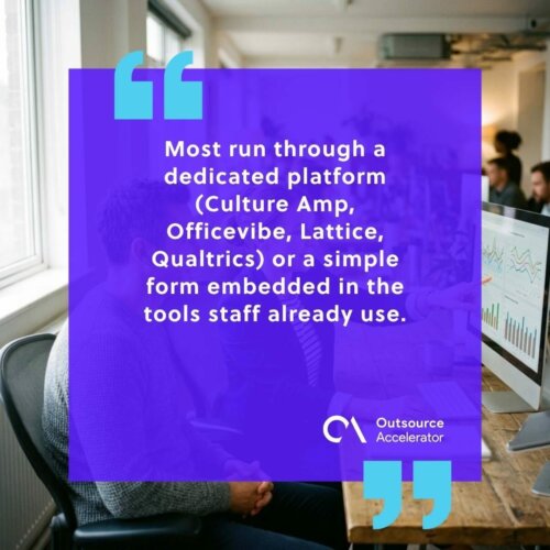 Employee pulse check - HR analyst reviewing a pulse-survey dashboard on Culture Amp, Officevibe, Lattice, or Qualtrics