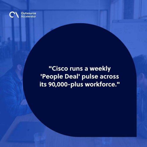 Employee pulse check - a Cisco engineering manager reviewing weekly People Deal dashboard results with team leads