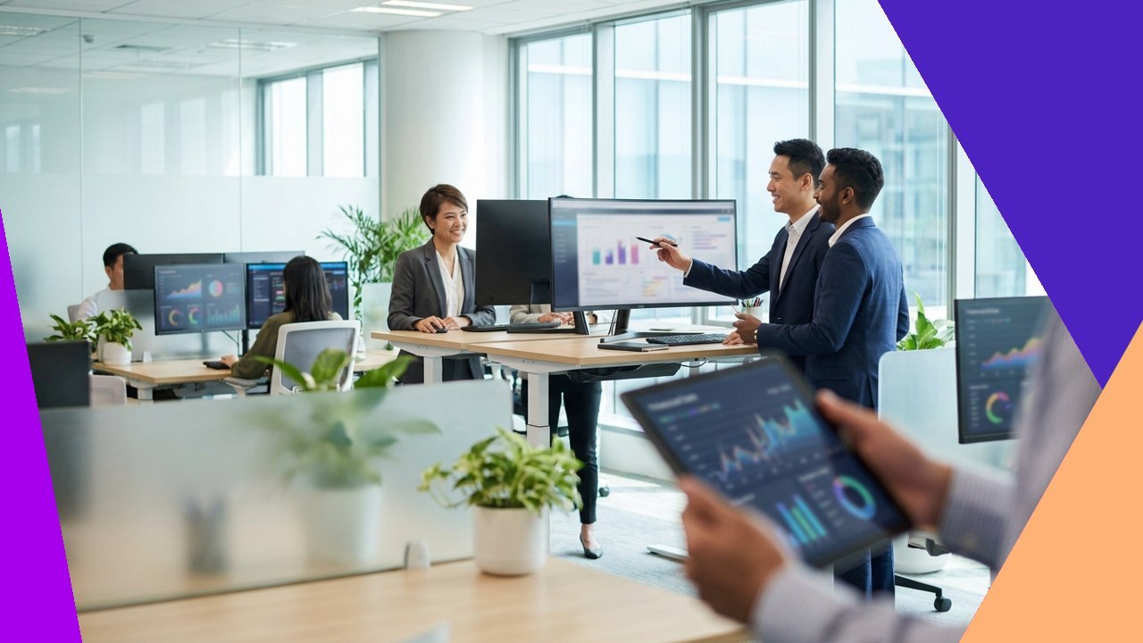 Business professionals use financial accounting software with data visualization on screens and tablets in a modern offi
