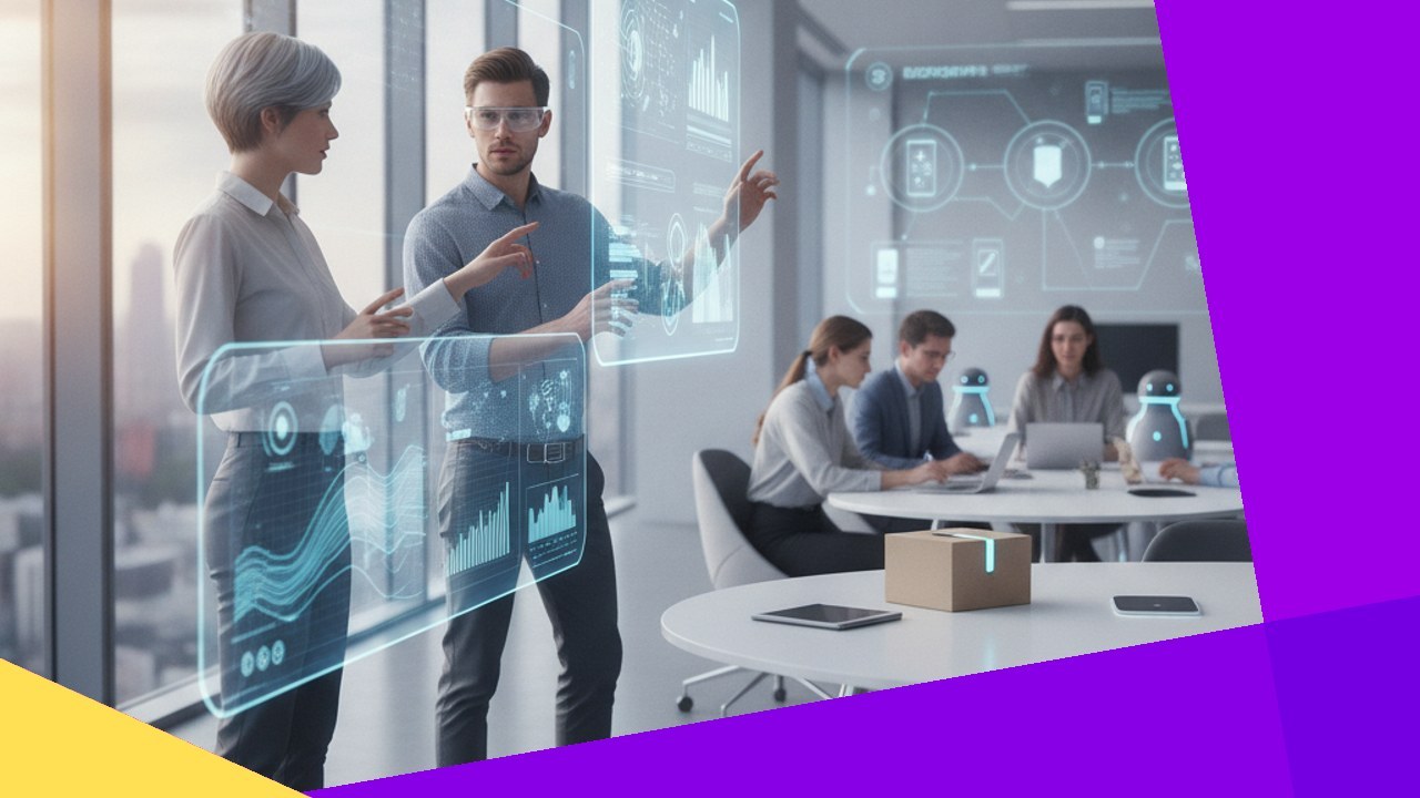 Futuristic team interacting with holographic data charts, shaping future consumer experience.