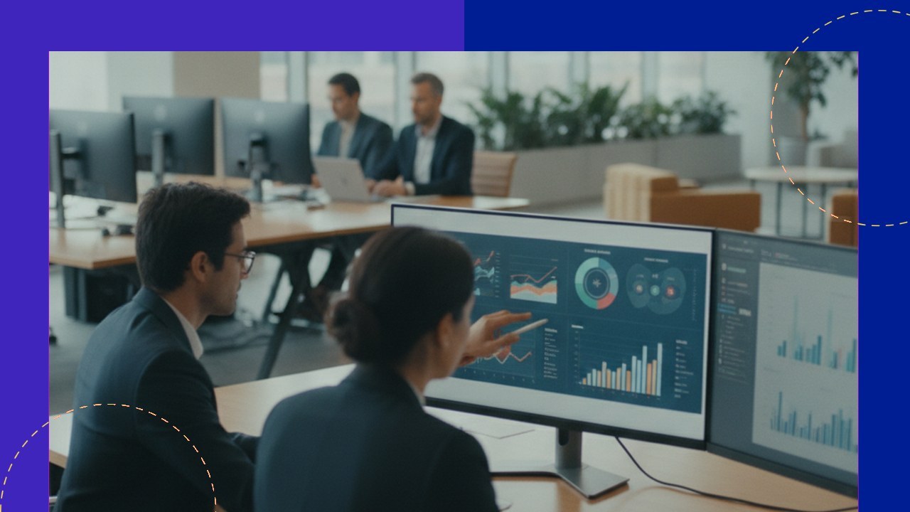 Two people analyze data charts on screens, illustrating quiet Google changes affecting search lead generation.