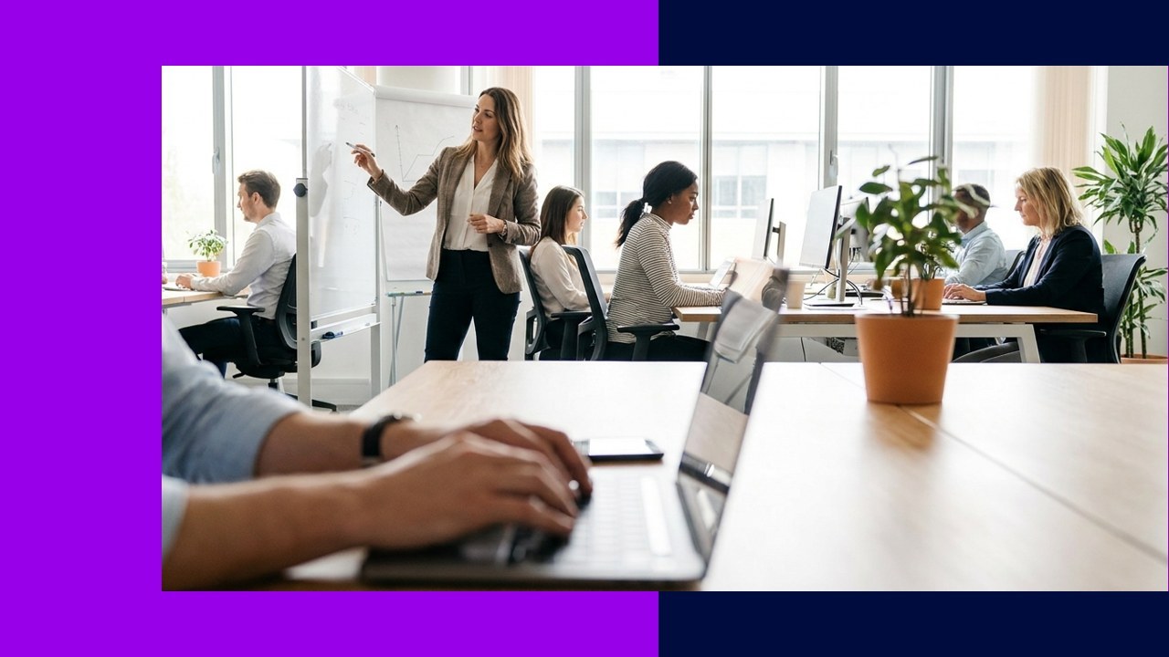 Growing business team working in modern office, virtual assistant support explained.