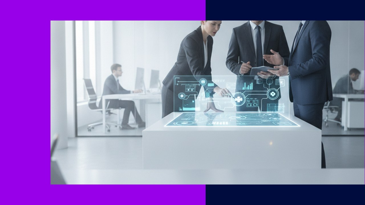 Professionals interacting with holographic hospital management system interface.
