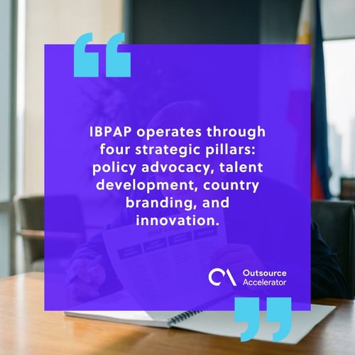 Senior IBPAP policy staffer at a Makati boardroom desk reviewing a printed IBPAP 4 Pillars strategy deck for policy advocacy, talent, branding, and innovation
