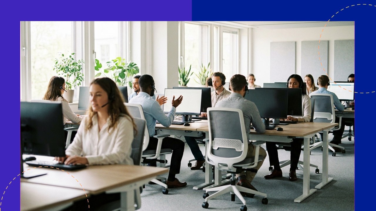Call center employees working with computers and headsets, improving call center metrics.