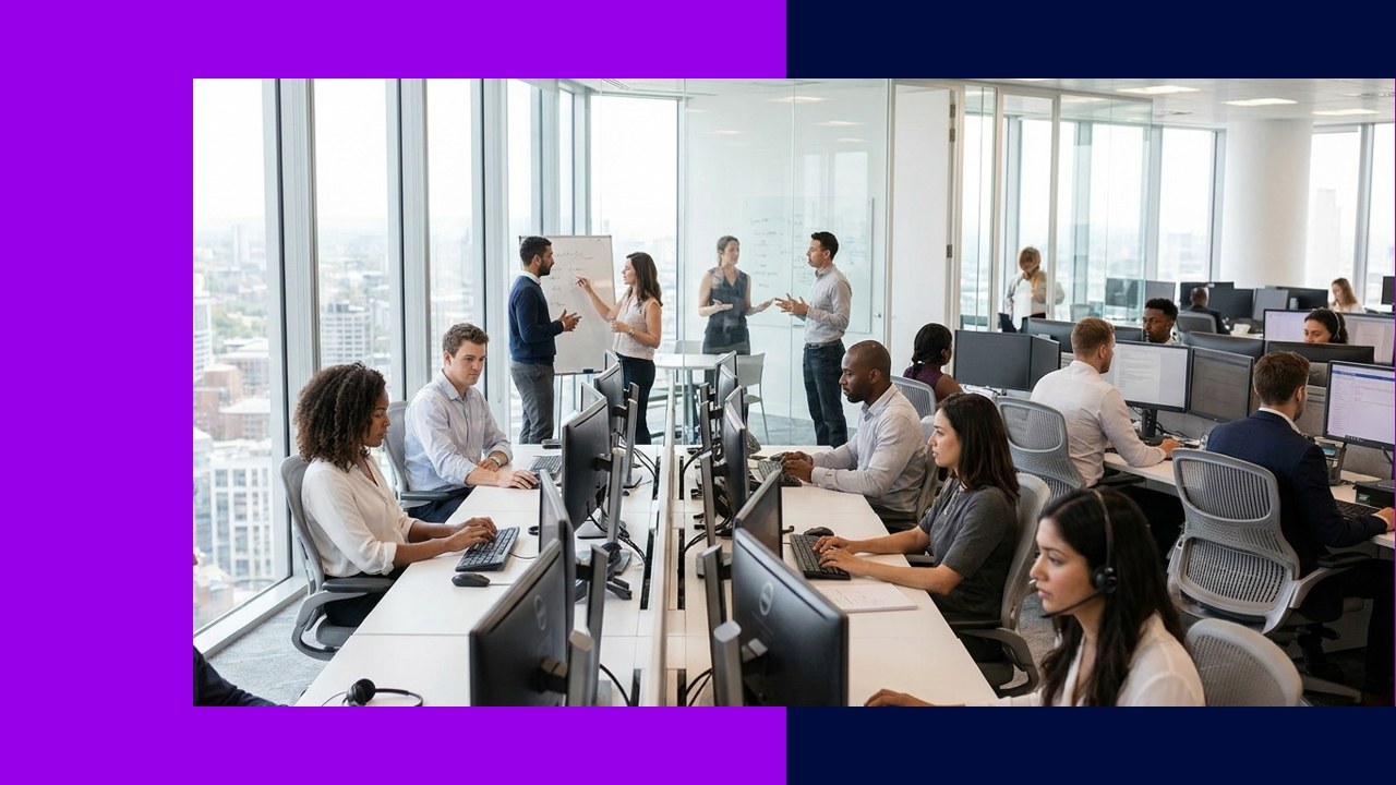 Diverse team in an open office collaborating. Indian BPOs like Giggada help businesses.