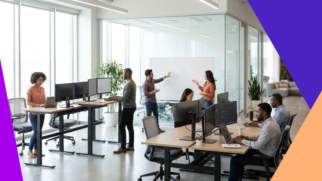 Diverse team collaborating in modern office, WebSool advance innovation software development.