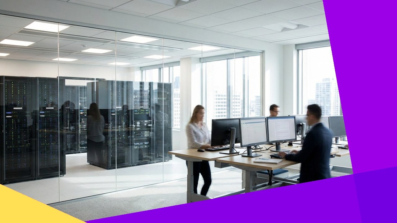 Modern IT infrastructure: server racks and people working on computers powering business growth.