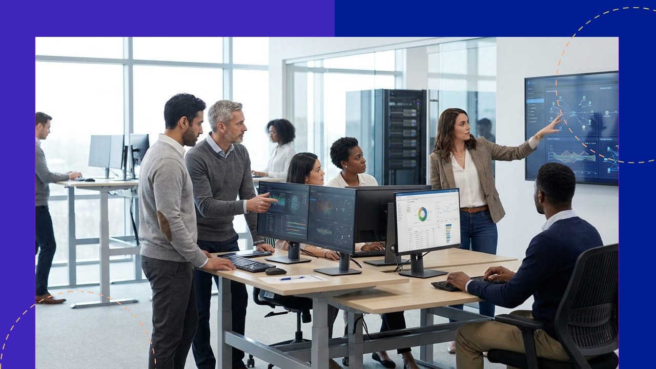 Team collaborating on IT solutions in modern office, with data visualizations on screens.