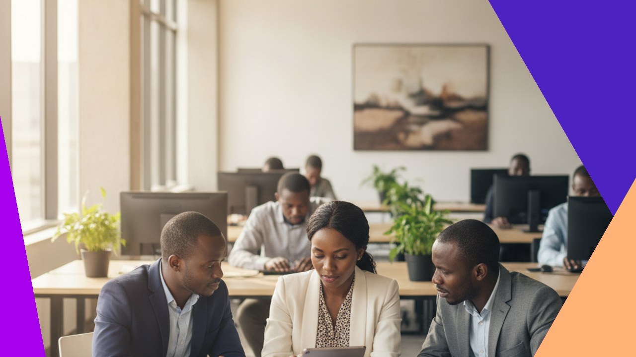 Colleagues discuss Kenya statutory deductions in a modern office.