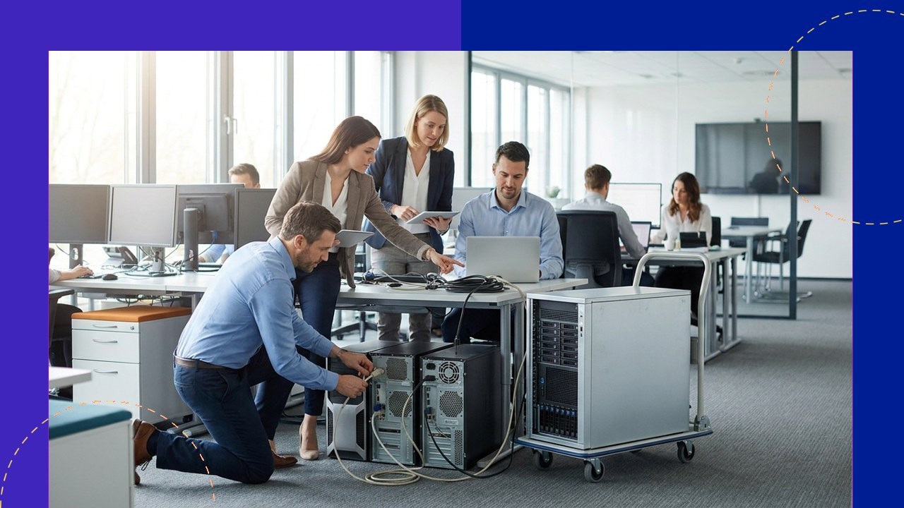 IT team connects legacy systems, illustrating a systems migration.