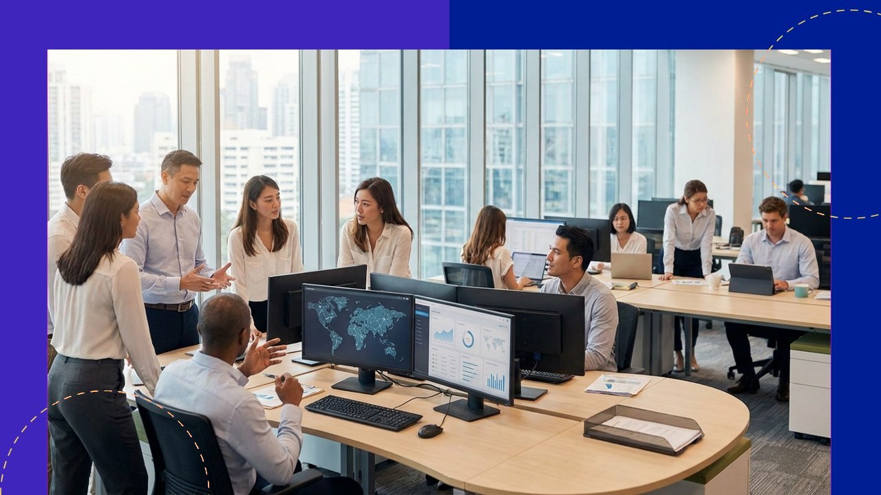 Team collaboration in modern office, displaying global maps and data for logistics and BPO supply chain efficiency.