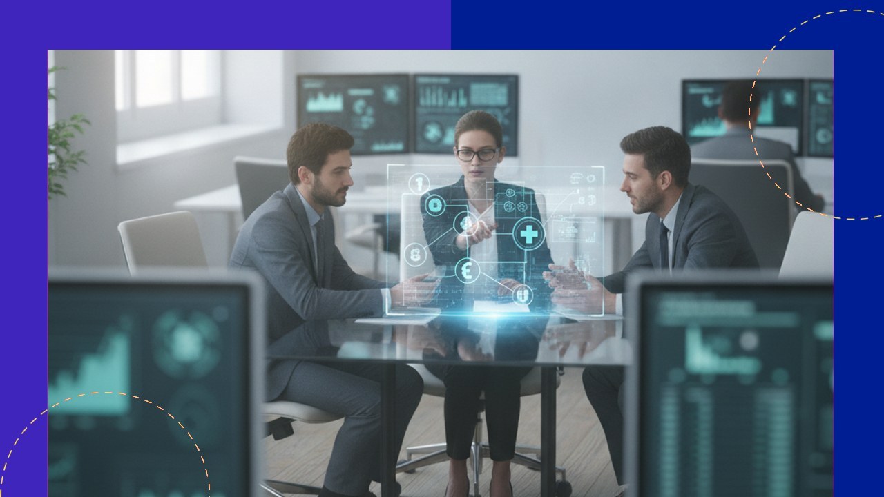 Healthcare professionals analyze data on a holographic display, illustrating medical coding's impact on the revenue cycl