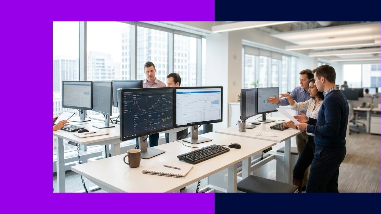 Mortgage lenders increase processing efficiency with data analysis on multiple computer screens.