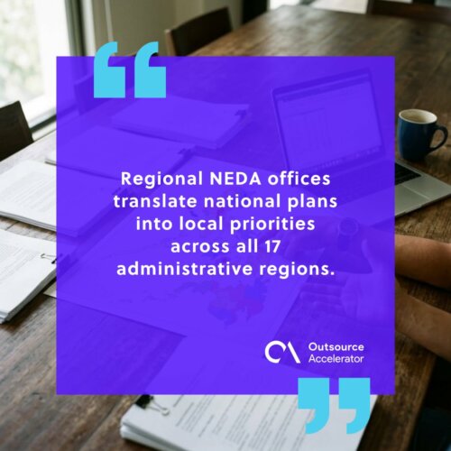 NEDA — a regional planning meeting with a Philippines map and printed reports on a wooden table