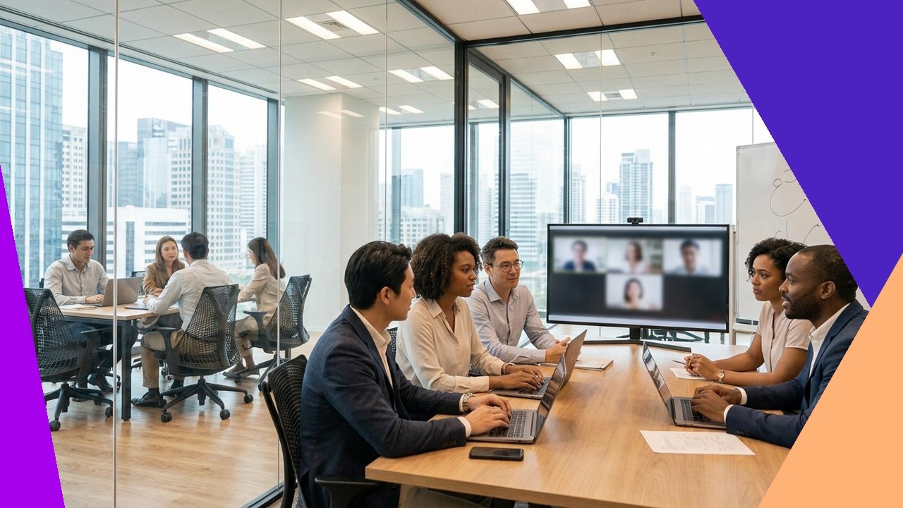 Diverse business team in a modern office meeting, some on video call, considering nearshore/offshore IT outsourcing.