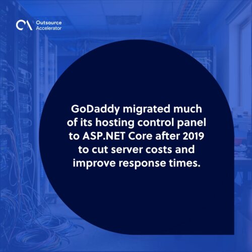 .NET developer — a modern data center with rows of illuminated server racks
