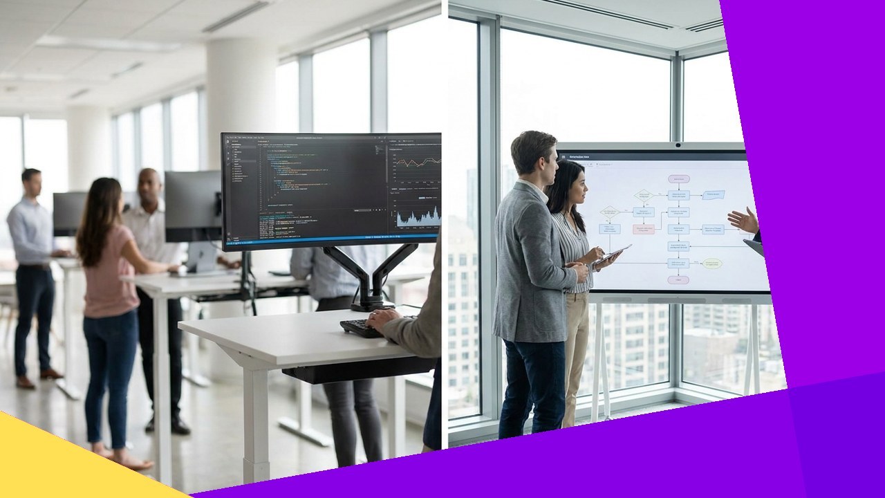 Developers in an office collaborate, showcasing .NET Framework's 2023 dominance.