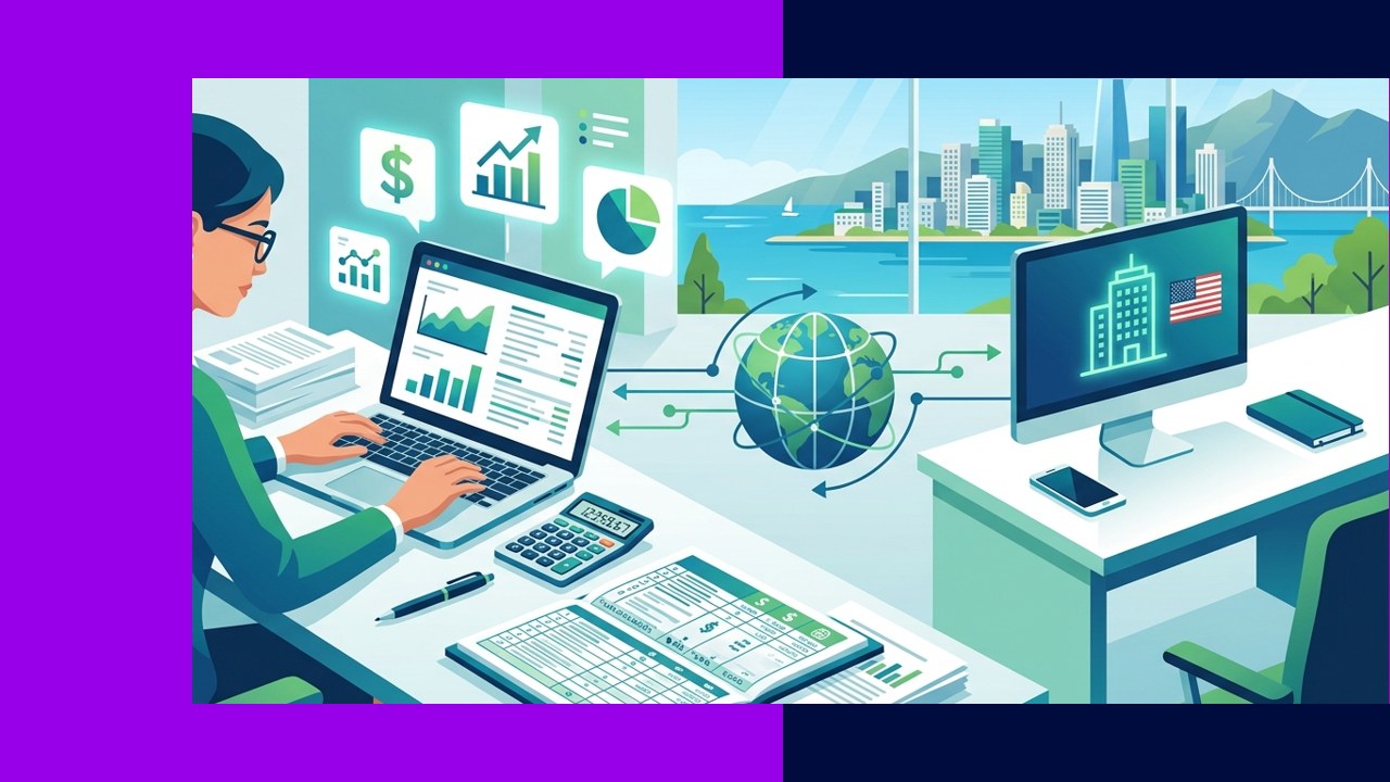 Offshore accountant preparing financial statements for a US company on a laptop